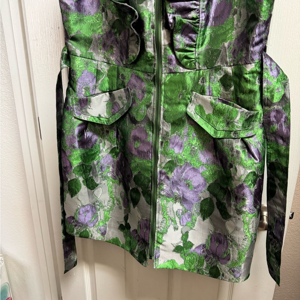 Green and Purple Floral Sleeveless Jaquard Dress - Picture 4 of 12